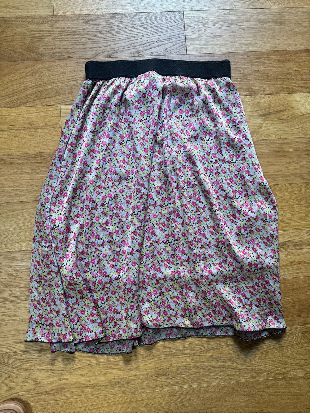 LuLaRoe Pink Floral Midi Skirt with Black Waistband